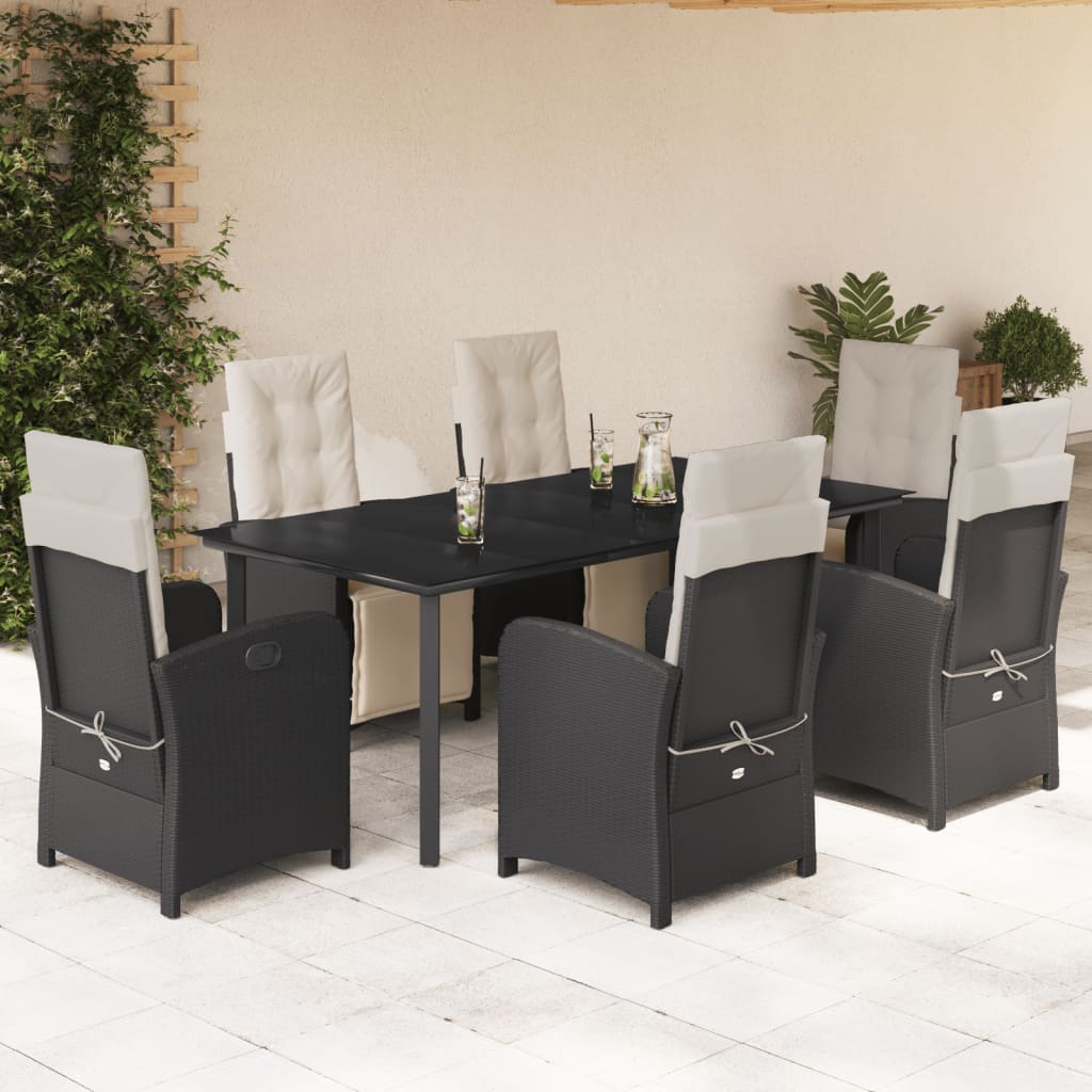 7-tlg. Garten-Essgruppe mit Kissen Schwarz Poly Rattan